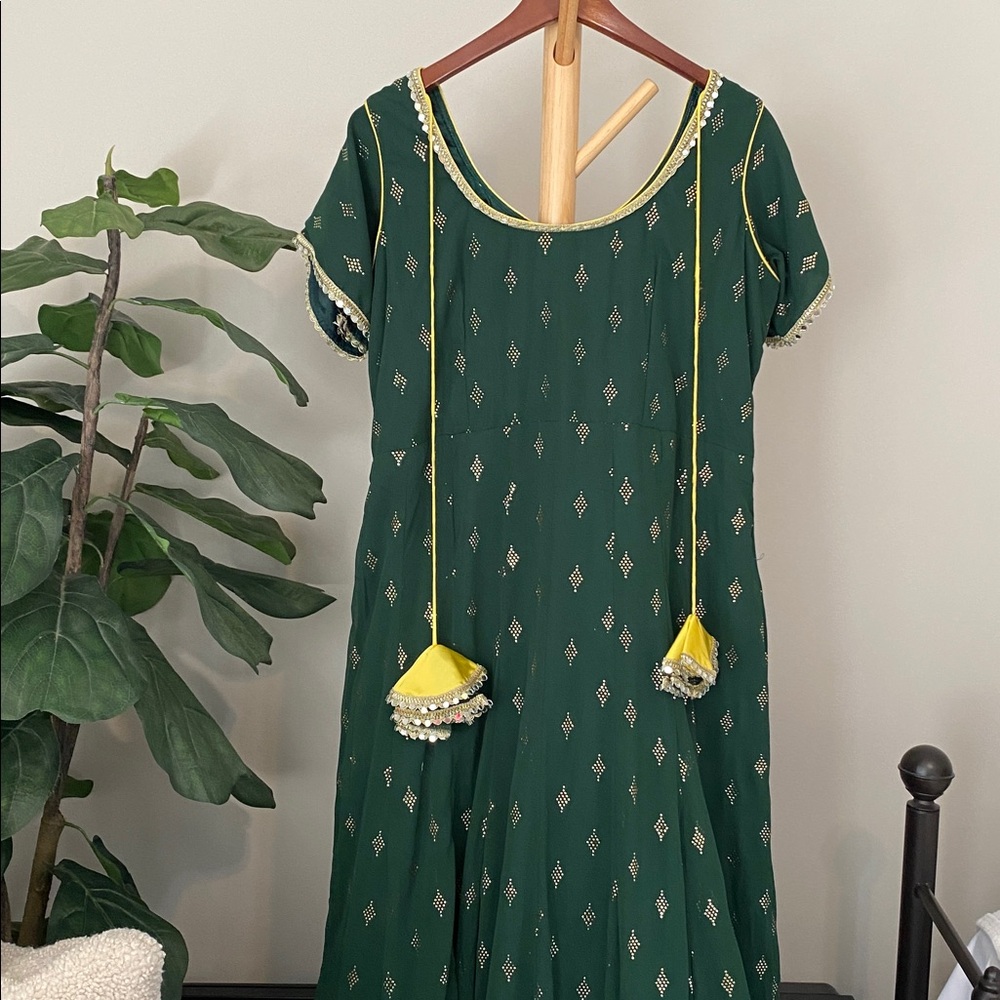 Custom Indian Wedding Guest Attire, Elegant Green and Yellow Dress - Picture 2 of 8
